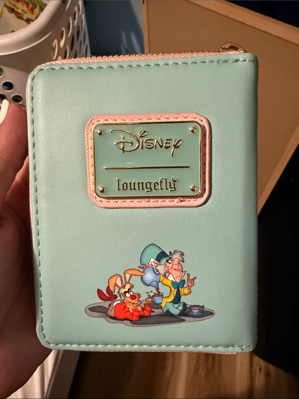 Loungefly Alice Tea Party Mint Blue Zip Wallet with Pink Trim - Picture 4 of 5